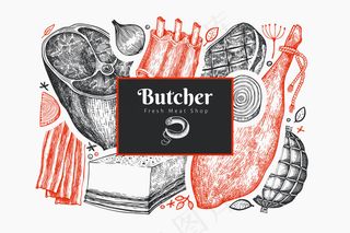 复古矢量肉制品设计模板。手绘火腿，香肠，果酱，香料和香草。复古插图。可用于餐厅菜单。