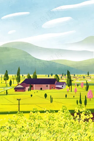 春天油菜花乡村房屋风景图