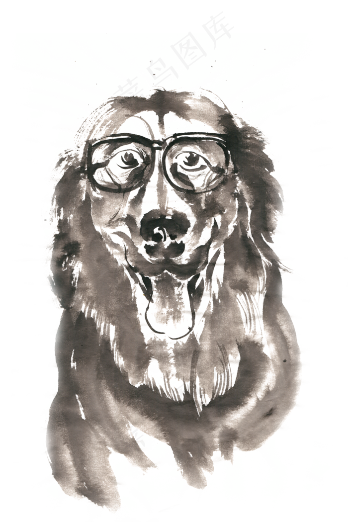 戴眼镜的小狗水墨画PNG免抠素材(2200*3300px 300 dpi )psd模版下载