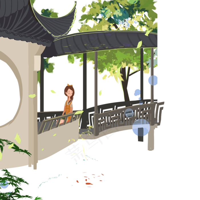 夏天中国风园林女孩(2000X2000(DPI:300))psd模版下载