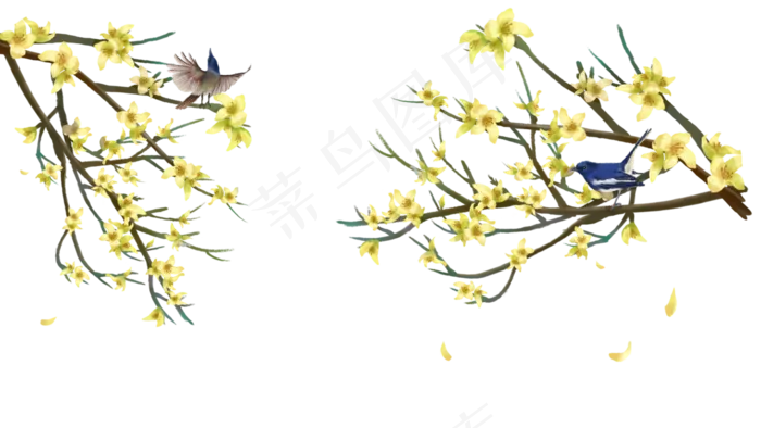 中国风花鸟玉兰喜鹊花纹边框横,免抠元素
