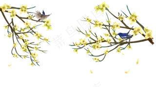 中国风花鸟玉兰喜鹊花纹边框横,免抠元素
