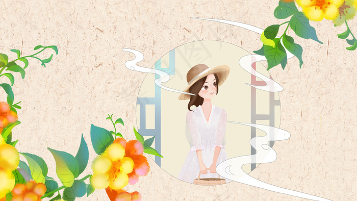 立夏夏至五月你好绿色肌理女孩凌霄花(2880*1620px 300 dpi )psd模版下载