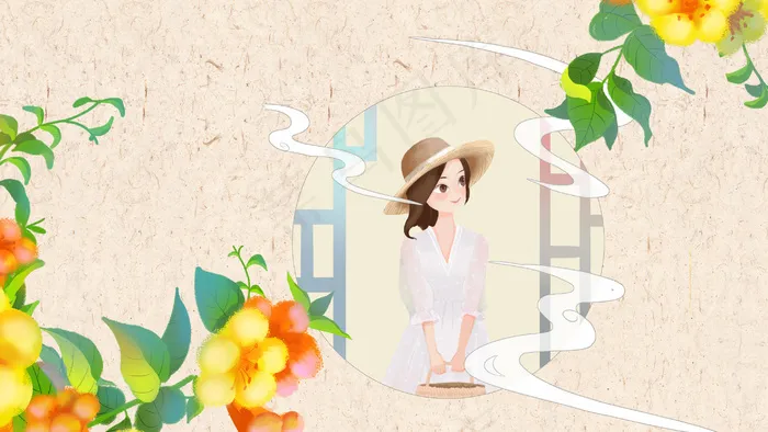 立夏夏至五月你好绿色肌理女孩凌霄花(2880*1620px 300 dpi )psd模版下载