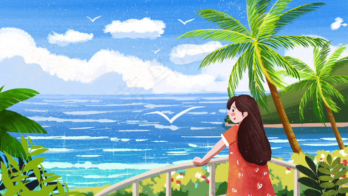 夏日女孩海边度假景色小清新