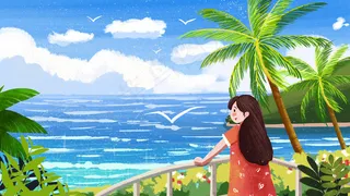 夏日女孩海边度假景色小清新
