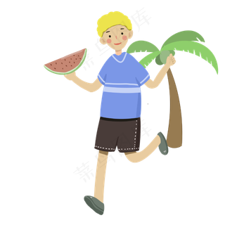 夏天开心吃西瓜降温手绘