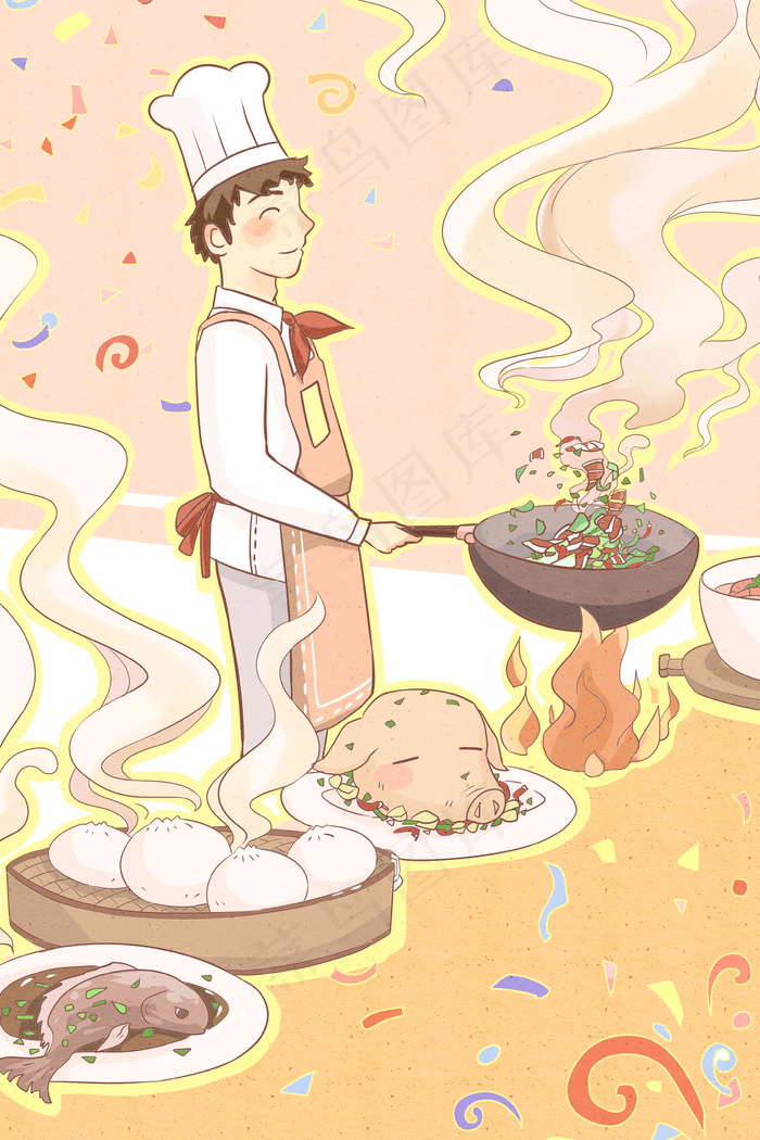 治愈系你好早安美好早餐厨师插画