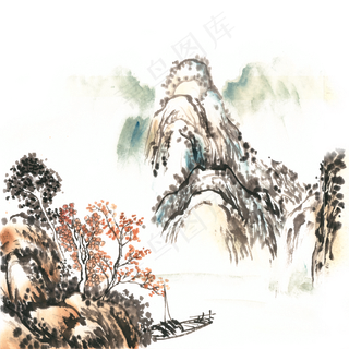 山里的秋天水墨画PNG免抠素材