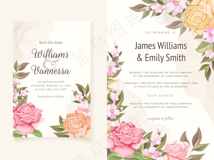 美丽花朵婚礼请柬模板设计