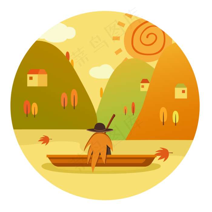 卡通秋天泛舟湖上的圆形免抠图