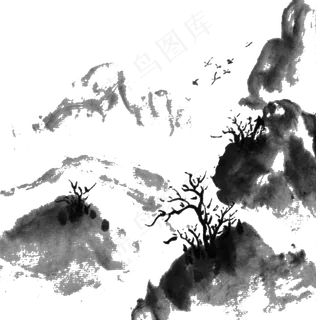 黑色水墨画山间屋顶七夕情人节 黑色水墨画山间屋顶七夕情人节