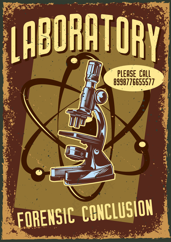 带有显微镜和原子插图的老式海报