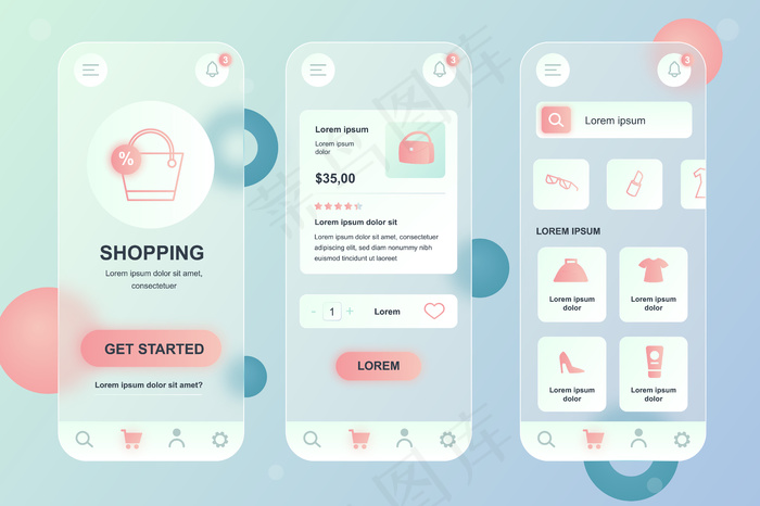 移动购物glassmorphic design neumorphic elements kit for Mobile app ui ux gui屏幕集eps,ai矢量模版下载
