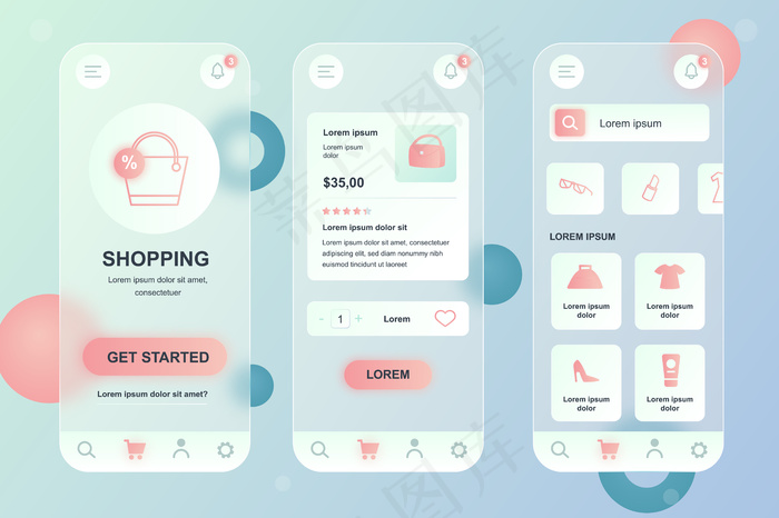 移动购物glassmorphic design neumorphic elements kit for Mobile app ui ux gui屏幕集