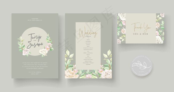 带美丽玫瑰的婚礼请柬