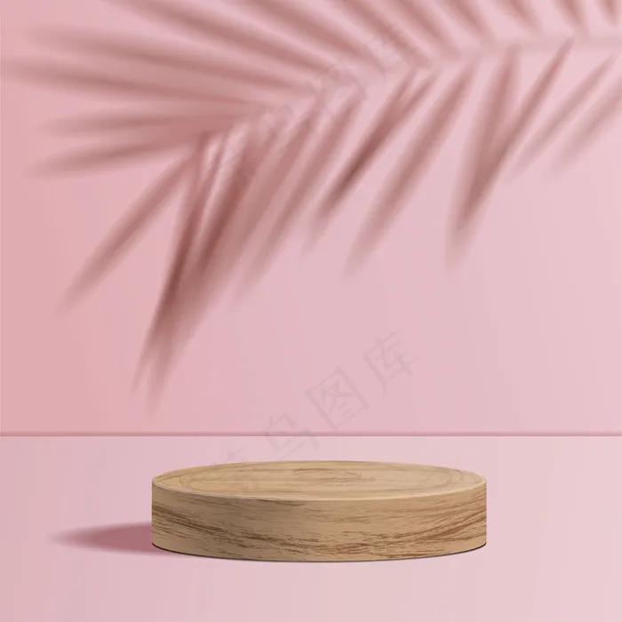 几何形式的最小场景。粉红色背景的圆柱形木质讲台，带阴影。现场展示化妆品、陈列柜、店面、陈列柜。3d插图。eps,ai矢量模版下载