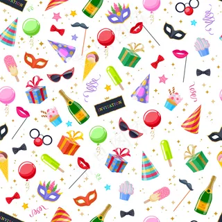 庆典派对嘉年华节庆无缝背景。彩色符号图案-帽子，面具，礼物，气球，香槟烟花旗帜banner