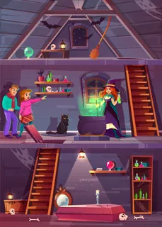 带有地窖和阁楼的女巫之家的矢量横截面。任务游戏,玩家的rpg背景, 带有地窖和阁楼的女巫之家的矢量横截面。任务游戏,玩家的rpg背景,