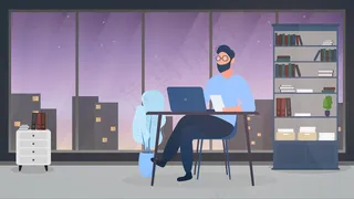 一个戴眼镜的人坐在办公室的桌子旁。一个人在笔记本电脑上工作。办公室，书架，商人，落地灯。办公室工作理念。