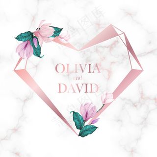 玫瑰金心形框架，大理石背景上有花朵，用于制作婚礼花押字标志和请柬