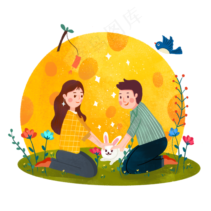 七夕情侣月兔月亮下相会