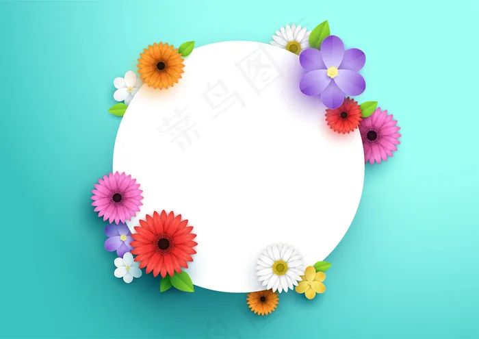 彩色的花和叶子点缀在3d白色圆圈周围eps,ai矢量模版下载