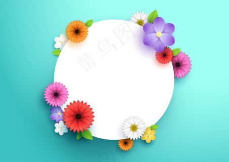 彩色的花和叶子点缀在3d白色圆圈周围