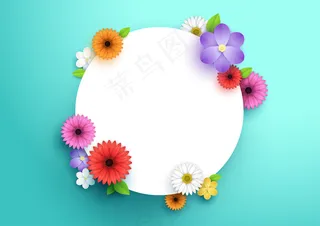 彩色的花和叶子点缀在3d白色圆圈周围