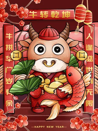 牛年插画 牛年海报 新春海报