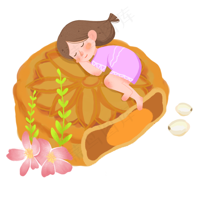 中秋节躺在月饼上的女孩素材