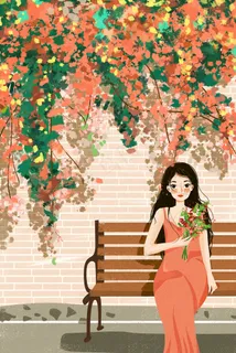 春天夏天花卉女孩藤蔓椅子夏至红色系场景