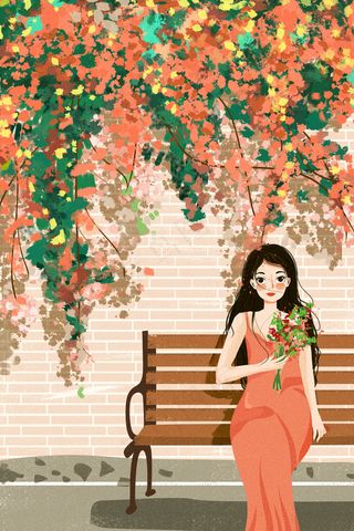 春天夏天花卉女孩藤蔓椅子夏至红色系场景
