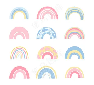 为孩子们在白色背景上单独设置各种手绘彩虹。