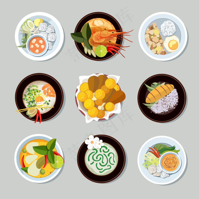 泰国美食图标集。虾和传统餐厅，烹饪和菜单，矢量插图eps,ai矢量模版下载