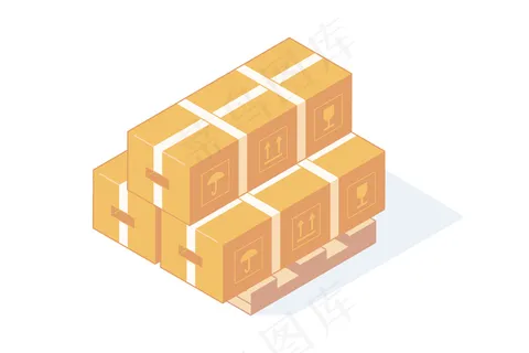 堆放在木托盘上的等距纸箱，用于交付和储存。