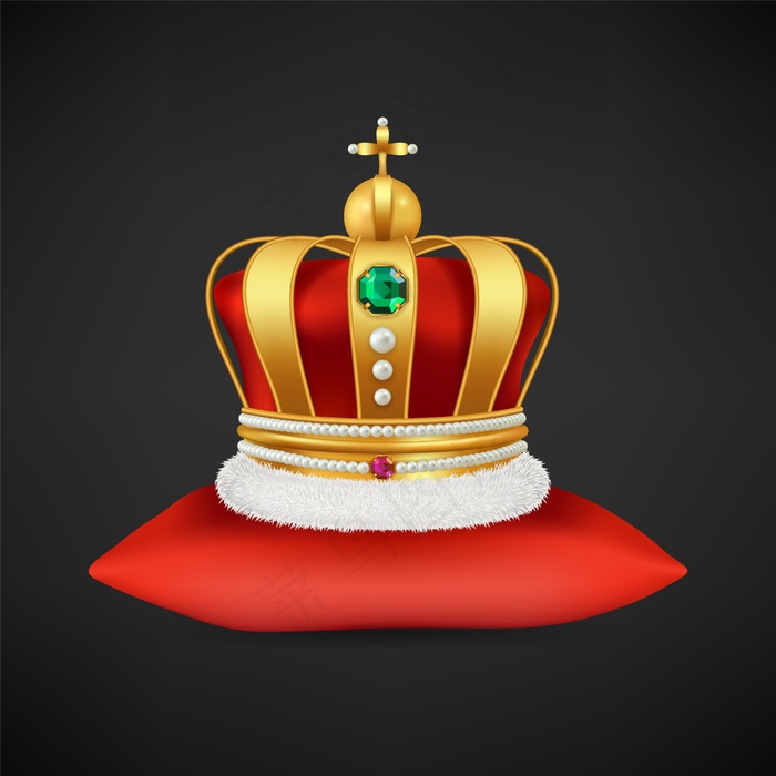 皇冠。现实奢华的帝王象征，红色枕头上镶有钻石的古董王冠插图