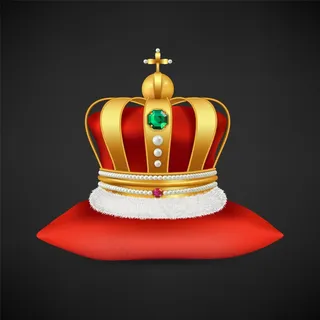 皇冠。现实奢华的帝王象征，红色枕头上镶有钻石的古董王冠插图