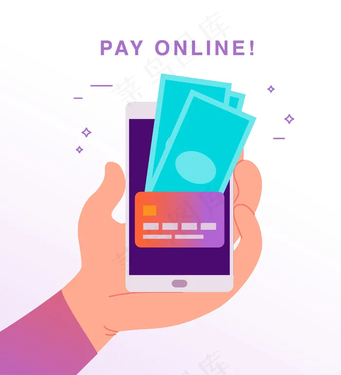 用于在线支付和交易的矢量平面插图，人类手持智能手机，屏幕上有信用卡和现金。非常适合手机app移动应用横幅banner、登陆页面设计。eps,ai矢量模版下载