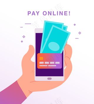 用于在线支付和交易的矢量平面插图，人类手持智能手机，屏幕上有信用卡和现金。非常适合手机app移动应用横幅banner、登陆页面设计。