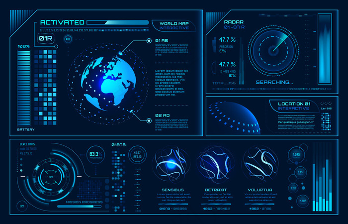 未来的hud界面，未来的全息图用户界面信息图，交互式地球仪和网络天空fi屏幕背景eps,ai矢量模版下载