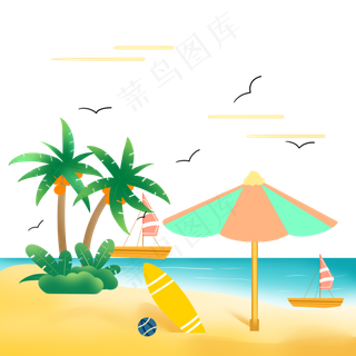 手绘矢量椰子树遮阳伞冲浪板海滩