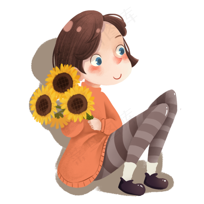 卡通小女孩拿着花朵