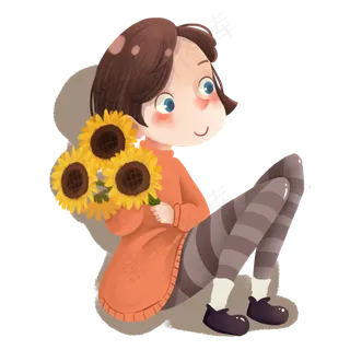 卡通小女孩拿着花朵