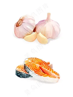 手绘蒜头 鱼片 蔬菜