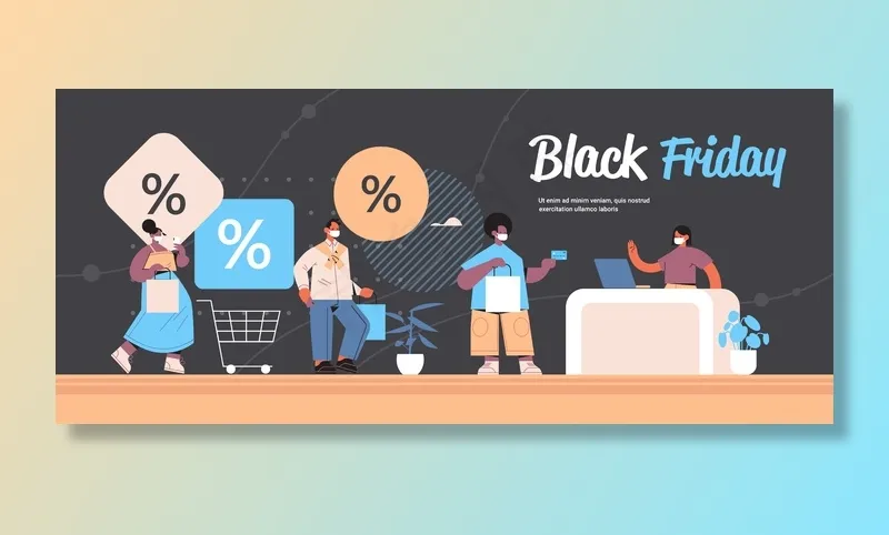 混血儿戴着口罩，拎着购物袋站在收银台排队黑色星期五销售冠状病毒检疫概念复制空间eps,ai矢量模版下载