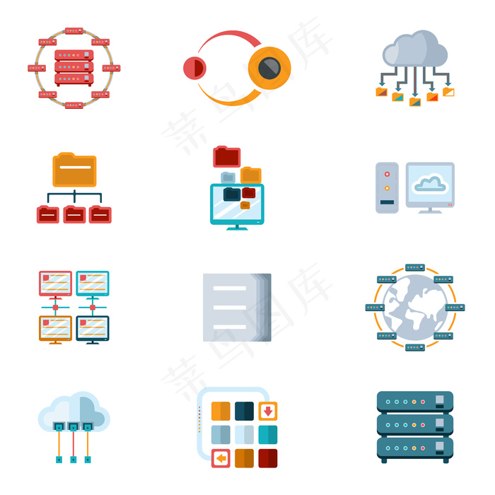 矢量分类彩色计算机网络图标，文件服务器和计算机设备隔离在白色背景上。