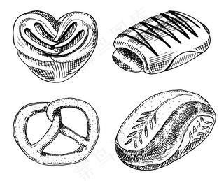 面包和糕点甜甜圈，甜面包或巧克力百吉饼。雕刻手绘旧素描和复古风格的标签和菜单面包店。