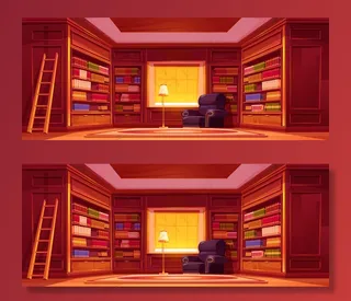 图书馆配有书柜、*、椅子和台灯。