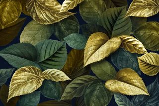金属金色和绿色叶子带纹理的背景